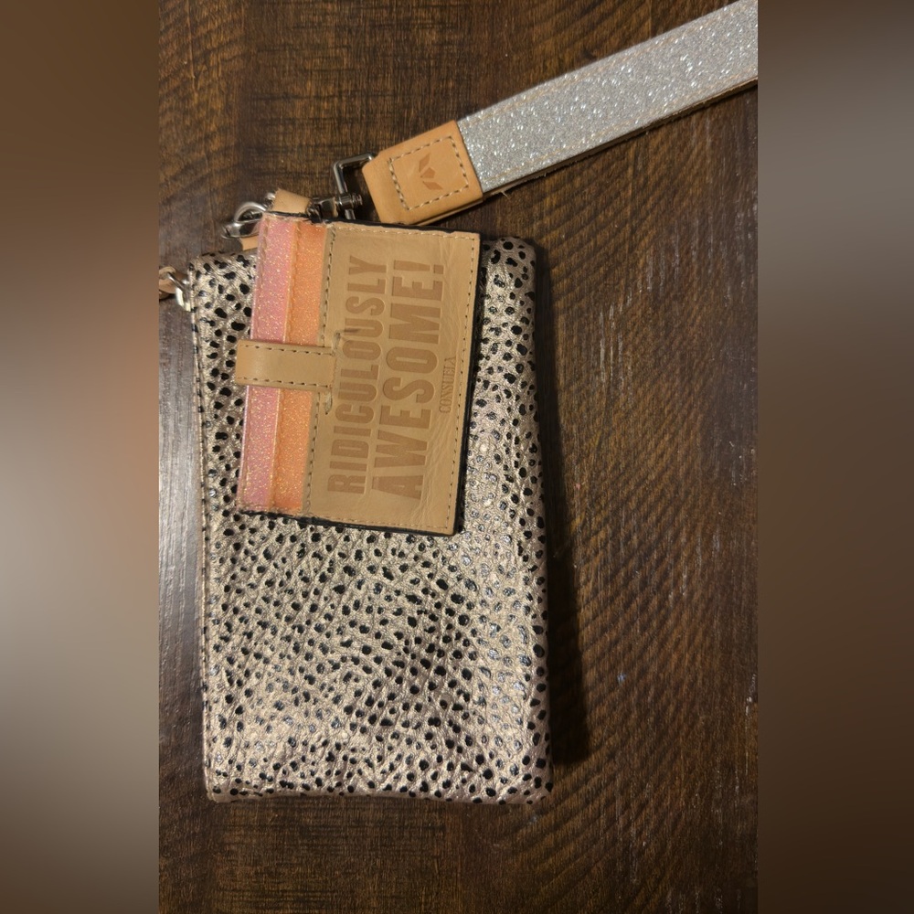 Consuela Metallic Leopard Wristlet
